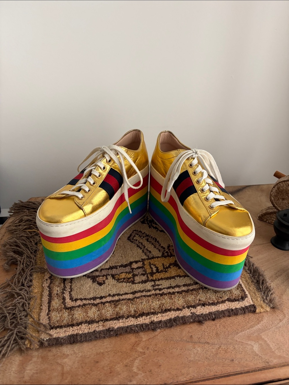 Gucci- PEGGY Gold Rainbow Platform Sneakers - Women's  Lace-Up sz 36 - DAMAGED